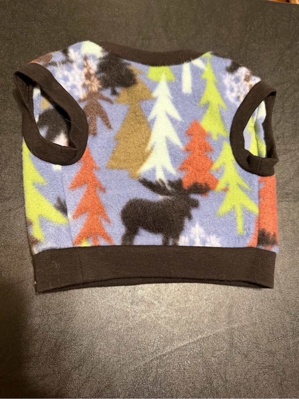 Dog Vest Fleece Moose & Tree Print - Blue/Green/Orange